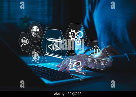 Web development and web design technology concept. developer using web coding interface, wireframe, AI automation tools, cloud hosting, server network Stock Photo