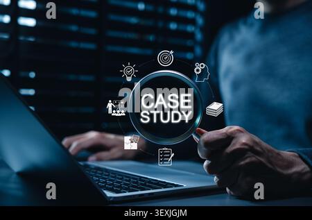 Case study and business research analysis concept with icons of strategic target, review, checklist evaluation, problem solving, performance insights, Stock Photo