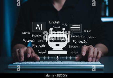 AI multilingual chatbot and language translation technology concept. virtual assistant, global languages, voice recognition, speech, Stock Photo