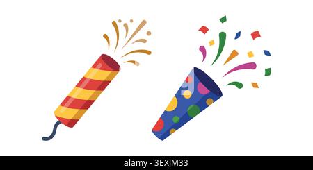 Colorful party poppers with exploding confetti for festive holiday celebrations and events. Stock Vector
