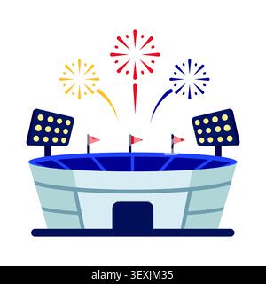 Flat illustration of a modern sports stadium with a colorful fireworks display in the night sky. Stock Vector