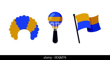 Sports fan accessories set featuring a colorful wig, a rattle, and a waving team flag icon. Stock Vector