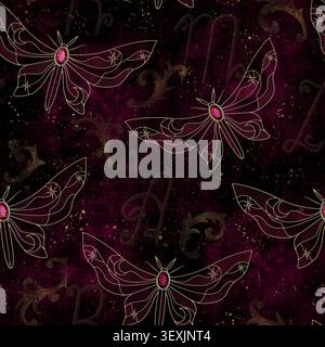 Luxurious seamless pattern with celestial moths, ruby gemstones, crescent moons, stars, antique monogram letters and baroque ornaments on a rich burgu Stock Photo
