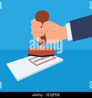 Flat vector illustration showing an official approval workflow with a stamp validating documents, symbolizing authorization, compliance, verification, Stock Vector