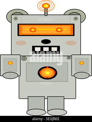 A cute, grey cartoon robot with glowing orange eyes and antenna. Stock Vector