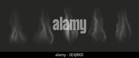 Set of realistic semi transparent smoke isolated on dark backdrop Stock Vector