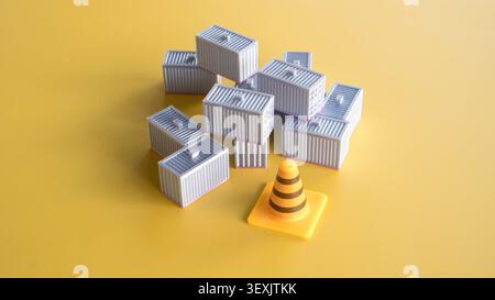 Miniature Cargo Containers Placed Behind Small Orange Traffic Cone Concept of Shipping Delays and Logistics Bottleneck on Yellow Background Stock Photo