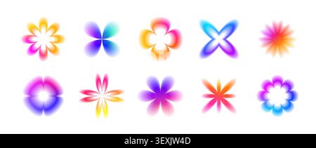Smooth blurry gradient flowers collection. Iridescent blurred blossom shapes set. Fading abstract bloom elements for sticker, poster, template, badge, collage. Vector bright gradation floral aura pack Stock Vector