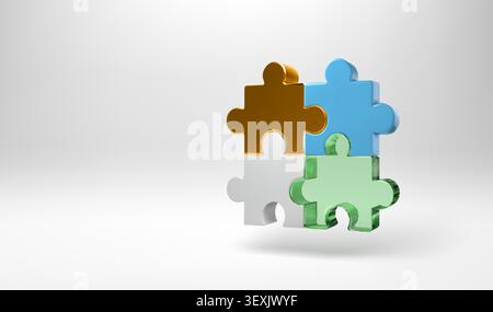 3D metal puzzle piece, gold blue and green glass fusion icon. Isometric perspective colorful jigsaw, business partner and problem solution. Realistic Stock Vector
