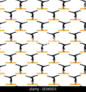 Minimalist seamless pattern of graceful gymnast silhouettes on balance beam in clean modern repeat. Vector illustration for fabric, wallpaper, wrapping paper, packaging, stationery or sports branding Stock Vector