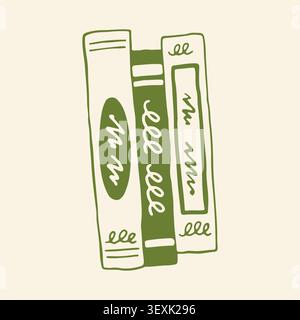 Vector illustration of a stack of three books from the side, hand drawn in olive green line art. Features decorative spines with abstract swirls and Stock Vector