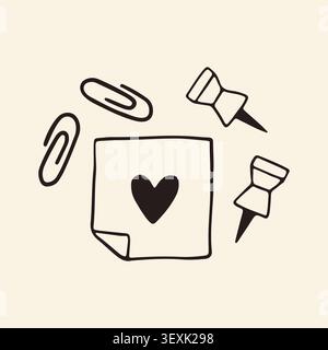 Doodle vector art of a square note paper with a dark heart in the center, flanked by two metal paper clips and two pushpins. A cute stationery set Stock Vector