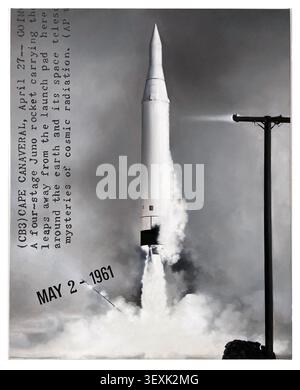 Juno 2 rocket carrying the Explorer 11 satellite, composite image. Launched on 27 April 1961 from Cape Canaveral, Florida, USA, Explorer 11 became the world's first space-based gamma ray observatory. During its six-month mission, it detected cosmic gamma rays from beyond Earth's atmosphere, opening a new field of astronomical research. The mission was conducted by the United States during the early years of the Space Age. Stock Photo