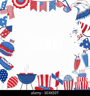 USA Liberty Day celebration. Group of symbolic decor, party serpents, stars, confetti, food, bow-tie on white background with empty frame for text Stock Vector