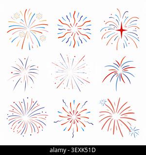Red Blue White fireworks celebration Icon Set with Stars, Burst Patterns vector for 4th of July, congratulations graduates, winner, victory, holiday Stock Vector