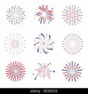 Fireworks clipart on white background, 4th of July vector patriotic, red blue icon set, illustration for Christmas, new year, holiday, birthday, party Stock Vector