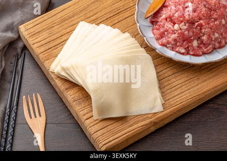 Wonton Wrappers, Chinese Dumpling Skin Sheets for Handmade Dumplings Stock Photo