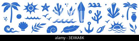 Summer icon beach abstract set. Hand drawn summer icon beach sea wave sun palm surf mediterranean. Boho shell coral ocean travel island tropical vintage background. Vector illustration Stock Vector