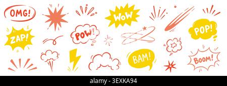Comic boom icon cartoon set. Hand drawn comic boom effect with cartoon wow bomb speech splash line. Explosive bubble burst dialog action motion superhero explosion sound emphasis. Vector illustration Stock Vector