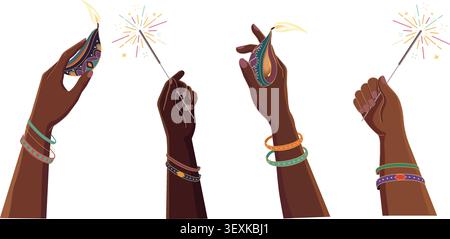 Vector hands holding burning diyas and sparklers illustration for Diwali. Stock Vector