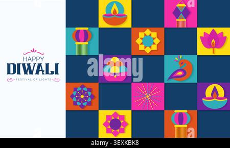 Modern flat design Diwali horizontal banner with geometric icon grid. Stock Vector