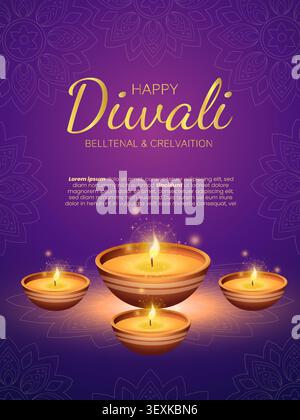 Vector Happy Diwali banner illustration with burning diyas on purple background. Stock Vector