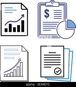 Four isolated icons representing business documents: upward growth bar chart, financial checklist with dollar sign, document with growth chart, and ap Stock Vector
