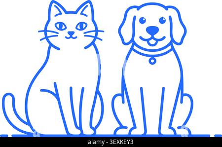 A cheerful cartoon-style cat and dog sitting side by side on a clean white background, simple line art style perfect for friendly pet-themed projects. Stock Vector