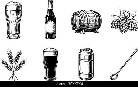 A clean, stylized vector illustration set showcasing essential beer brewing elements including a glass of beer, bottle, barrel, hops, wheat, and brewi Stock Vector