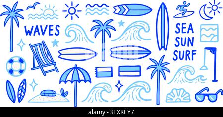 Isolated flat design icons depicting beach, surf, sun, and ocean-themed elements like waves, surfboards, palm trees, and beach accessories on a white Stock Vector
