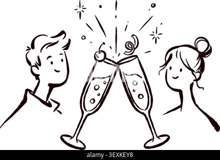 A cheerful vector illustration showing two people clinking champagne flutes in celebration, isolated on a clean white background. Perfect for events, Stock Vector