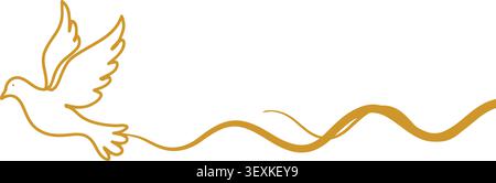 A stylish golden dove in mid-flight, leaving a graceful wavy trail behind, isolated on a clean white background for versatile use in designs and illus Stock Vector