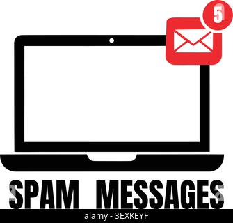 Isolated vector icon showing a laptop with a red envelope notification badge displaying five spam messages. Clean and bold design for digital or web u Stock Vector