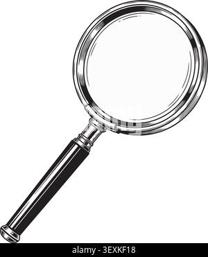 A clean, isolated magnifying glass icon featuring a simple handle, rendered in bold black and white line art against a plain white background. Perfect Stock Vector