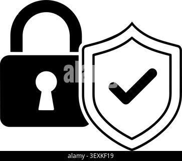 Isolated black and white vector icon showing a secure lock with an open keyhole next to a shield featuring a checkmark, symbolizing security and verif Stock Vector