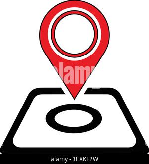 A clean and modern red location pin icon placed on a simple black map marker symbol, isolated on a white background. Perfect for travel, navigation, o Stock Vector