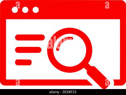 A red magnifying glass icon closely inspecting a browser menu with three horizontal bars, isolated on a clean white background for digital use. Stock Vector
