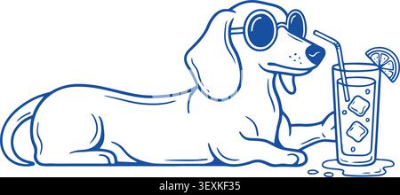 A relaxed dachshund dog lying down, wearing cool sunglasses and sipping from a tall cocktail glass with ice cubes and a slice of lime, isolated on a c Stock Vector