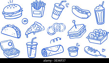 A collection of isolated flat style icons depicting various popular fast food items like burgers, fries, pizza, and drinks on a clean white background Stock Vector