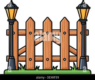 A clean, isolated illustration of a rustic wooden picket fence featuring two vintage-style street lamps with glowing bulbs, set against a plain white Stock Vector
