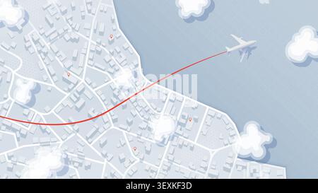 Aerial Flight Path Visualization Over Stylized Urban Terrain with Airplane Icon and Trajectory Line Stock Vector