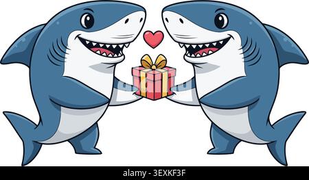 A cheerful cartoon illustration of two friendly sharks presenting a wrapped gift box with a heart symbol, isolated on a clean white background. Stock Vector