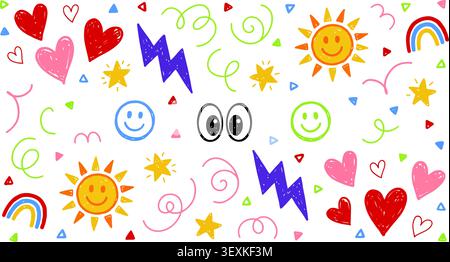 Isolated cheerful doodle eyes surrounded by vibrant happy icons like hearts, suns, stars, and rainbows on a white background. Perfect for cheerful and Stock Vector