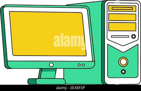 An isolated, clean illustration of a computer monitor paired with a desktop CPU tower, both outlined in green and yellow, set against a plain white ba Stock Vector