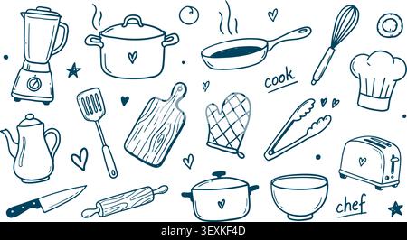 Sketchy kitchen tools and chef illustration set Stock Vector