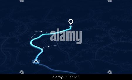 Glowing blue GPS navigation route with location pin on dark city map Stock Vector