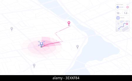 Isometric digital map interface tracking autonomous drone delivery route with pink path and user dashboard Stock Vector