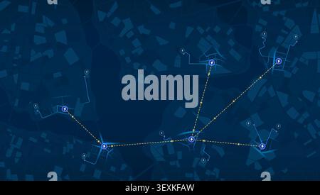 Dark blue energy grid map with glowing power station icons connected by dashed yellow lines Stock Vector