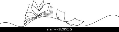 Continuous one line drawing of an open book with flying pages representing storytelling, publishing, writing and knowledge sharing. Minimalist line ar Stock Vector