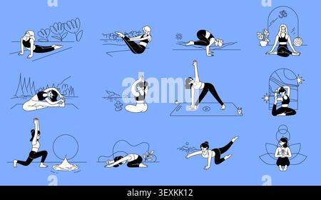Hand drawn yoga pose set with women practicing meditation, stretching, mindfulness, balance training, wellness exercises and healthy lifestyle activit Stock Vector